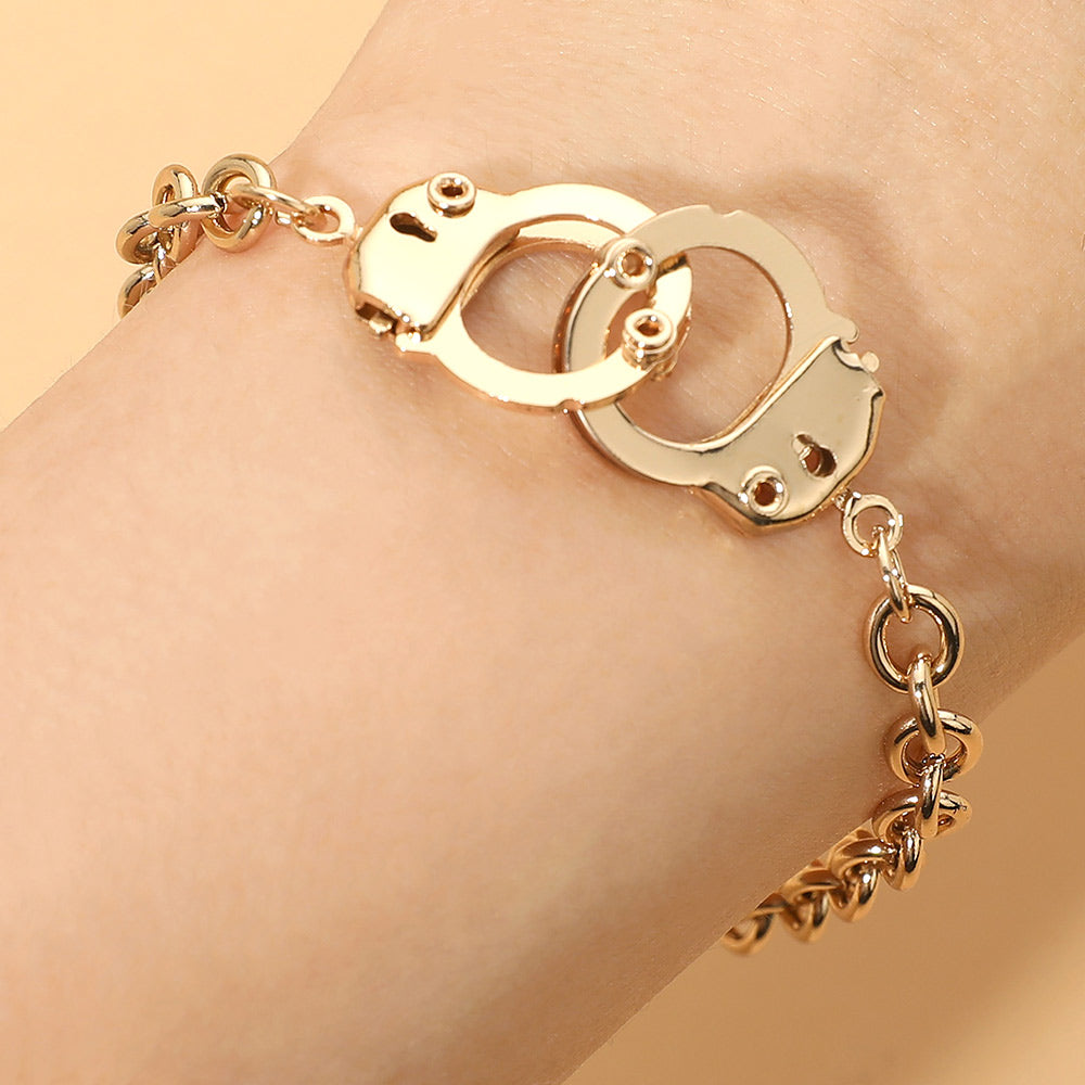 2pcs Gold Tone Metal Handcuff Link Bracelets Statement Chain Jewelry Set