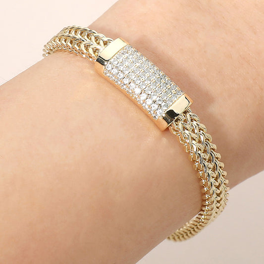 Gold Tone Mesh Link Bracelet with CZ Statement Bar Magnetic Closure 7.75 Inch