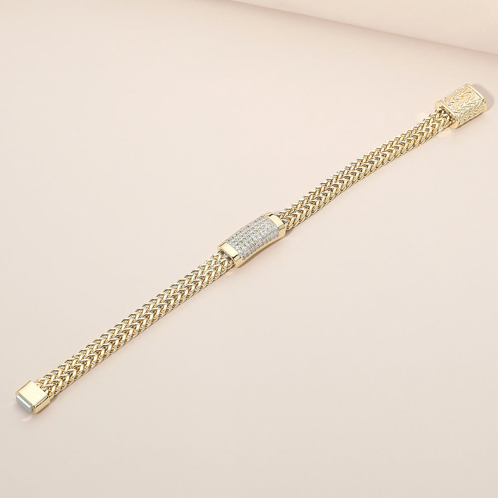 Gold Tone Mesh Link Bracelet with CZ Statement Bar Magnetic Closure 7.75 Inch