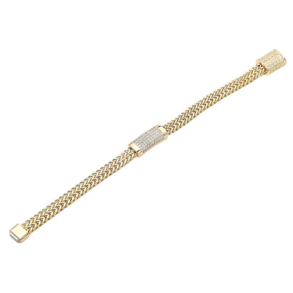 Gold Tone Mesh Link Bracelet with CZ Statement Bar Magnetic Closure 7.75 Inch