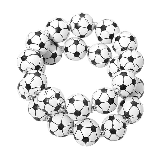 2PCS Soccer Printed Beaded Stretch Bracelet Set