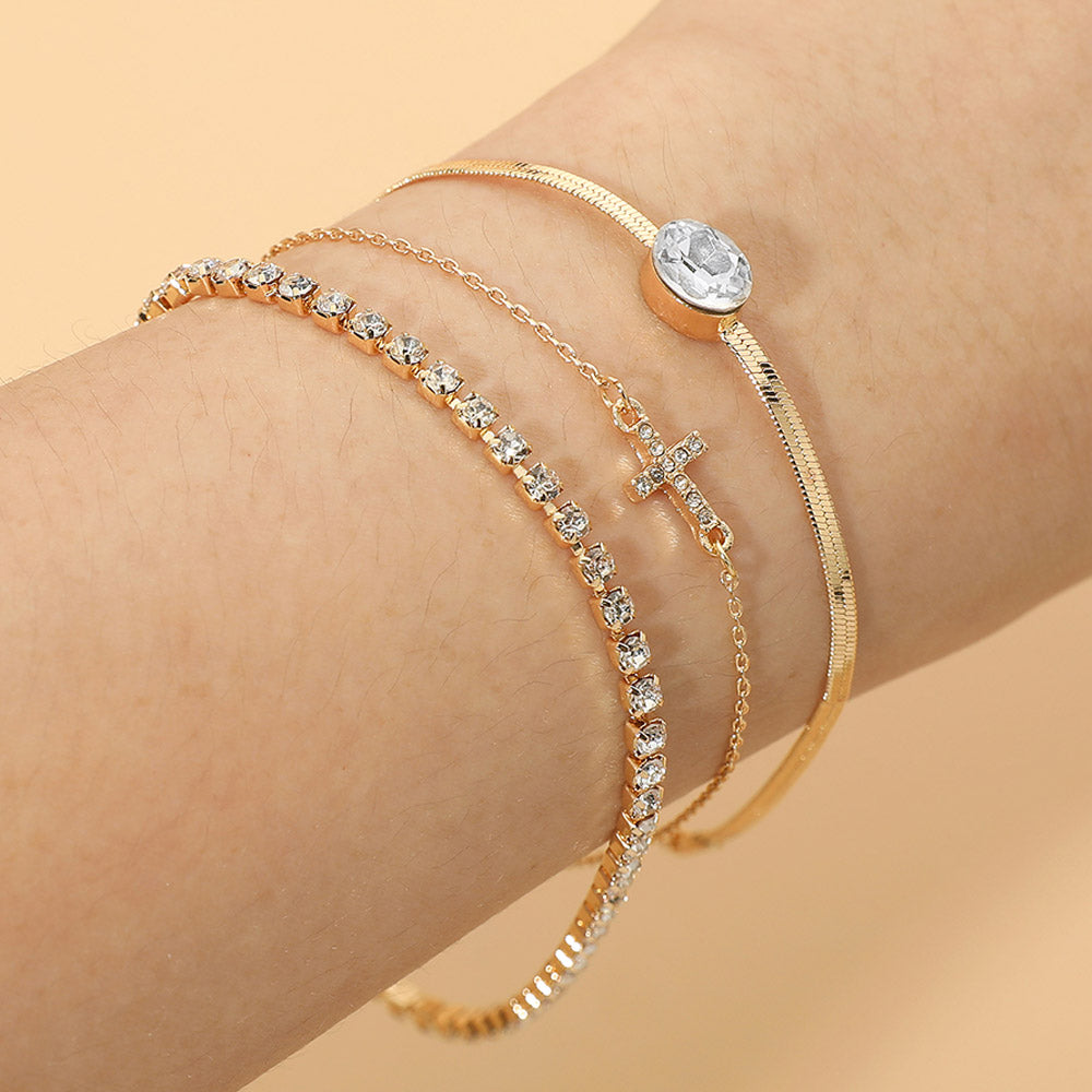 3-Piece Gold Tone Crystal Cross Bracelet Set for Women