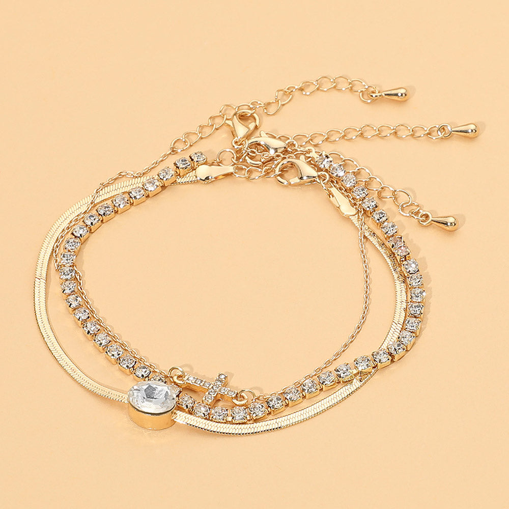 3-Piece Gold Tone Crystal Cross Bracelet Set for Women