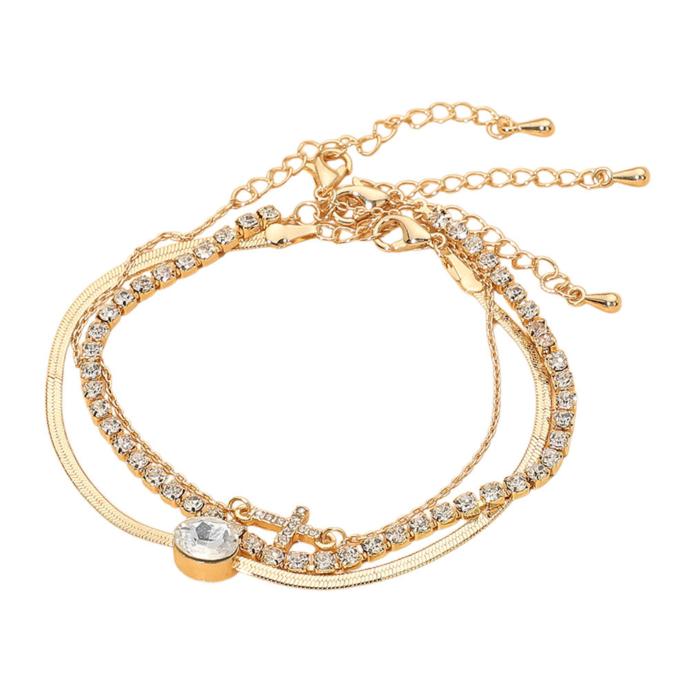 3-Piece Gold Tone Crystal Cross Bracelet Set for Women