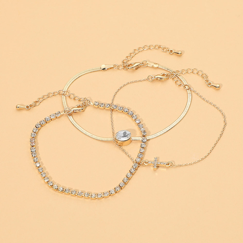 3-Piece Gold Tone Crystal Cross Bracelet Set for Women