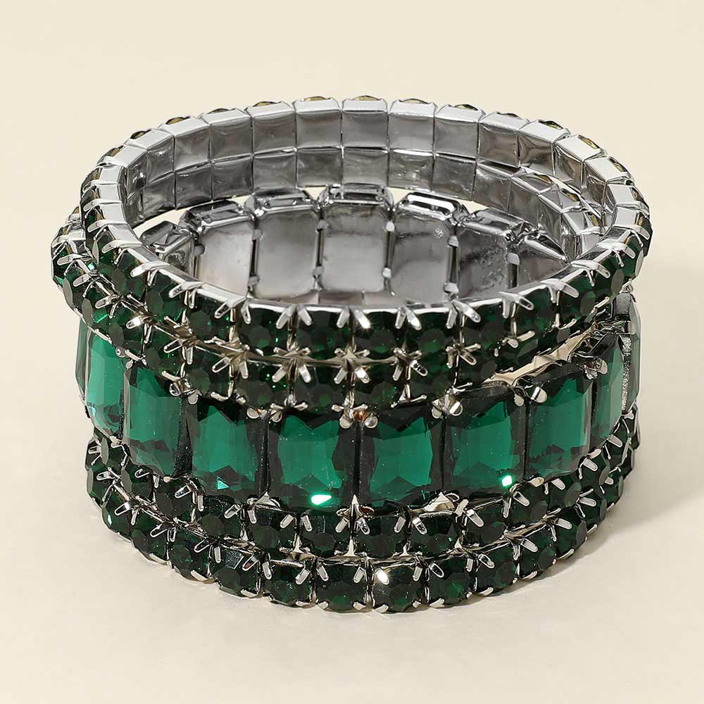 Emerald Green Crystal Stretch Bracelet Set – 5 Piece Rhinestone Stack