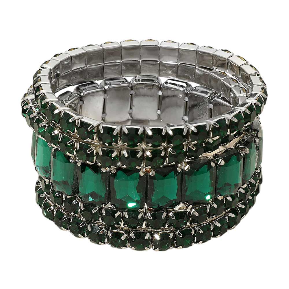 Emerald Green Crystal Stretch Bracelet Set – 5 Piece Rhinestone Stack