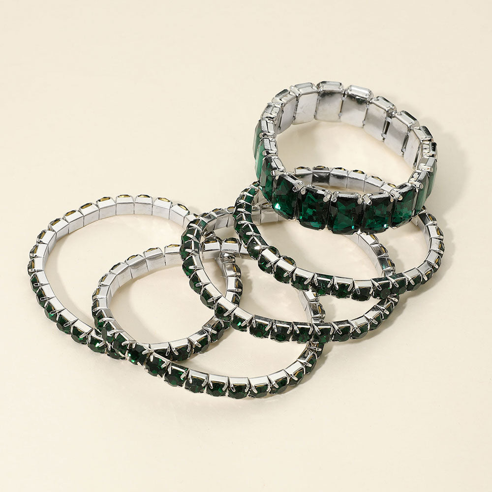 Emerald Green Crystal Stretch Bracelet Set – 5 Piece Rhinestone Stack
