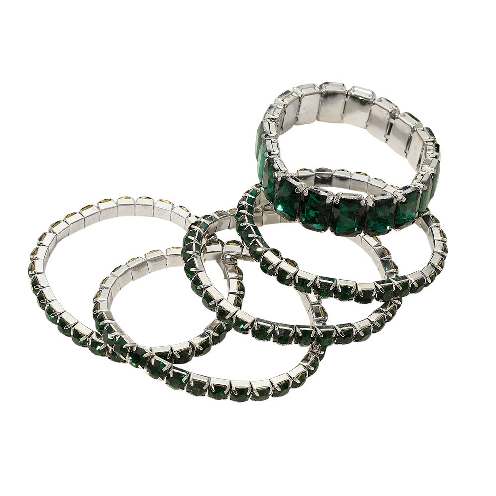 Emerald Green Crystal Stretch Bracelet Set – 5 Piece Rhinestone Stack
