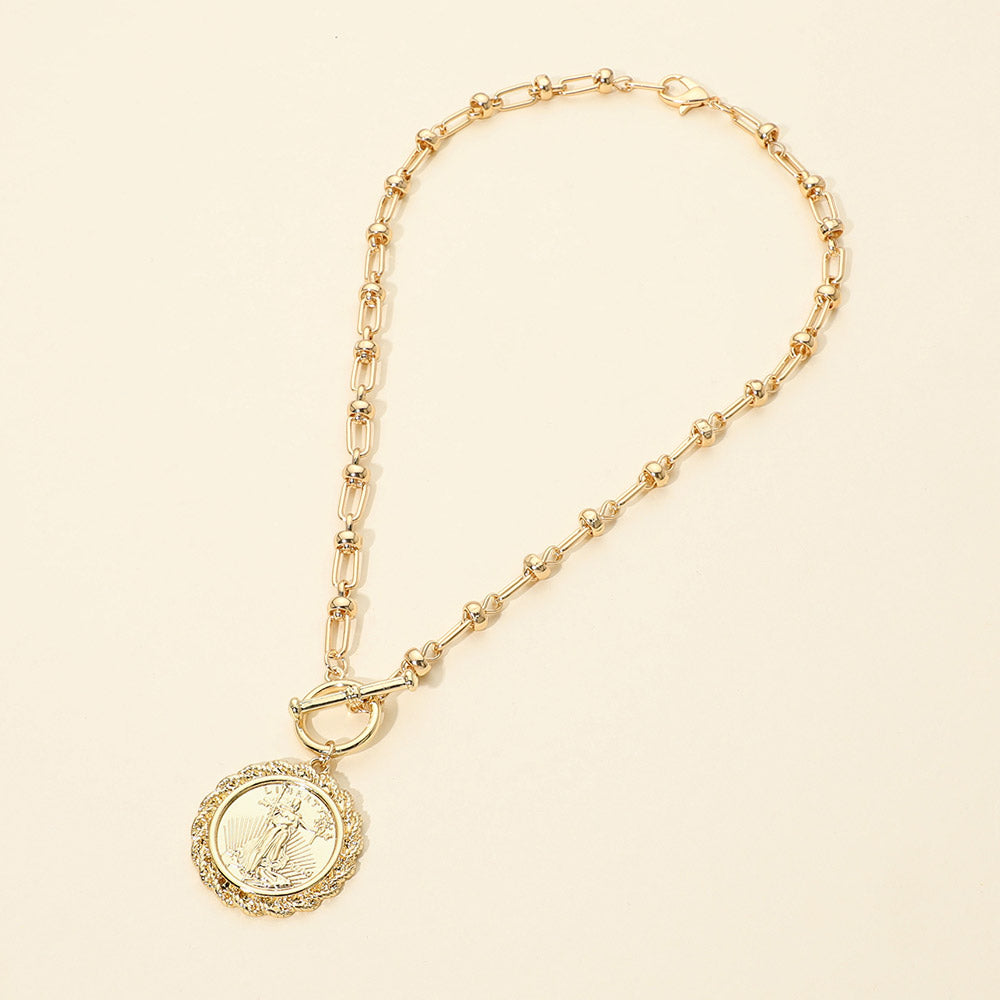 Gold Liberty coin pendant necklace with toggle closure and ball-and-paperclip link chain