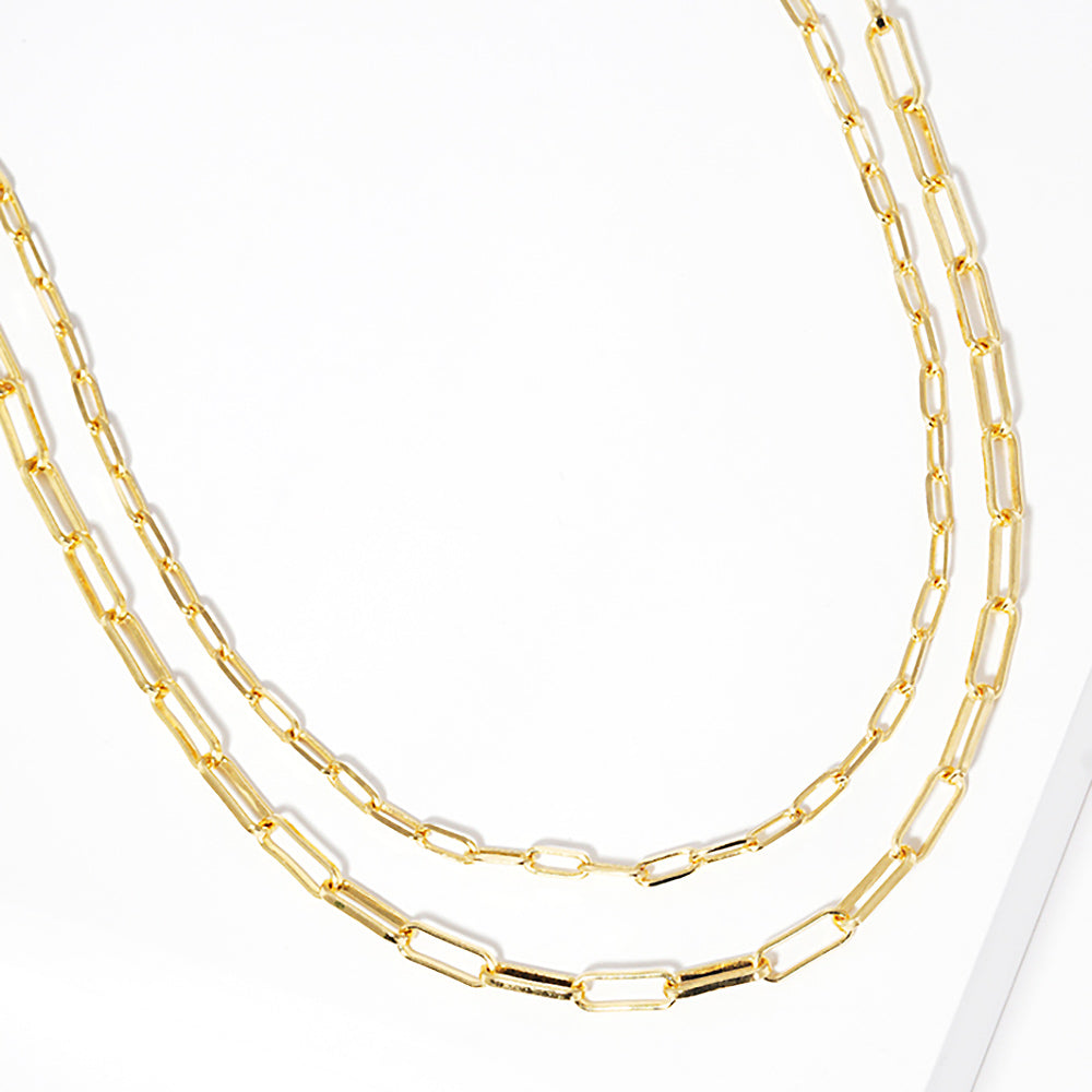Gold Layered Paperclip Chain Necklace – Double Strand Geometric Link Statement Jewelry