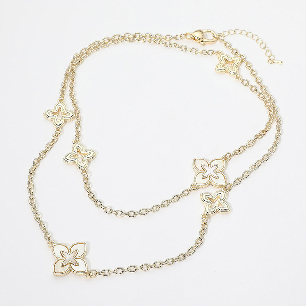 Gold Dipped Floral Station Layered Necklace 36 Inch Long Chain Necklace Feminine Flower Link Jewelry