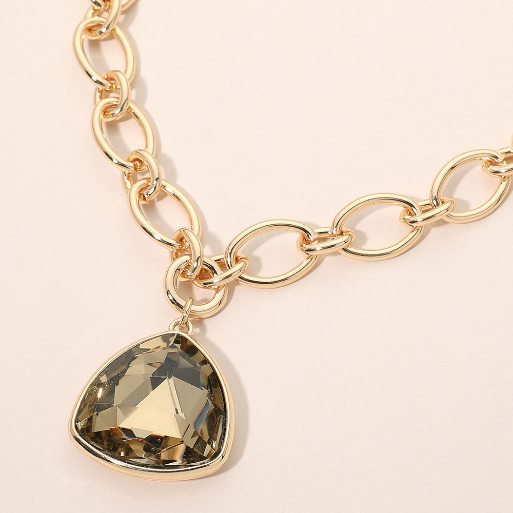 Chunky Gold Chain Necklace with Trillion-Cut Smoky Crystal Pendant