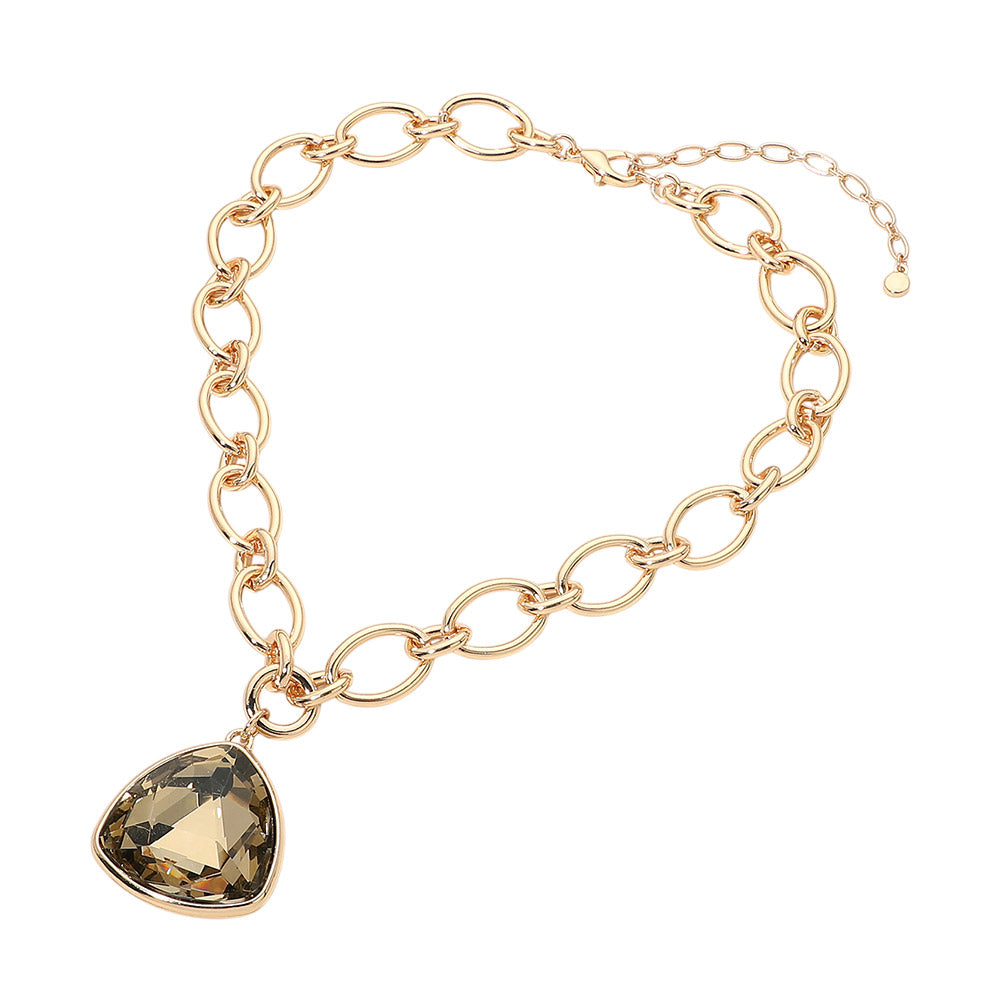 Chunky Gold Chain Necklace with Trillion-Cut Smoky Crystal Pendant