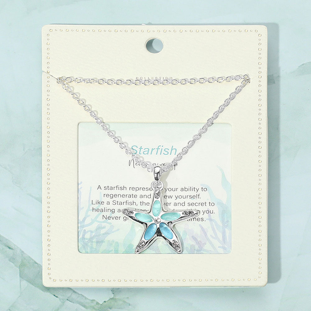 Larimar Blue Starfish Pendant Necklace – Crystal Rhinestone Silver-Tone Chain (18" + 2.5" Extender)
