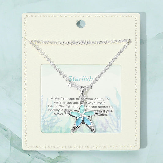Larimar Blue Starfish Pendant Necklace – Crystal Rhinestone Silver-Tone Chain (18" + 2.5" Extender)