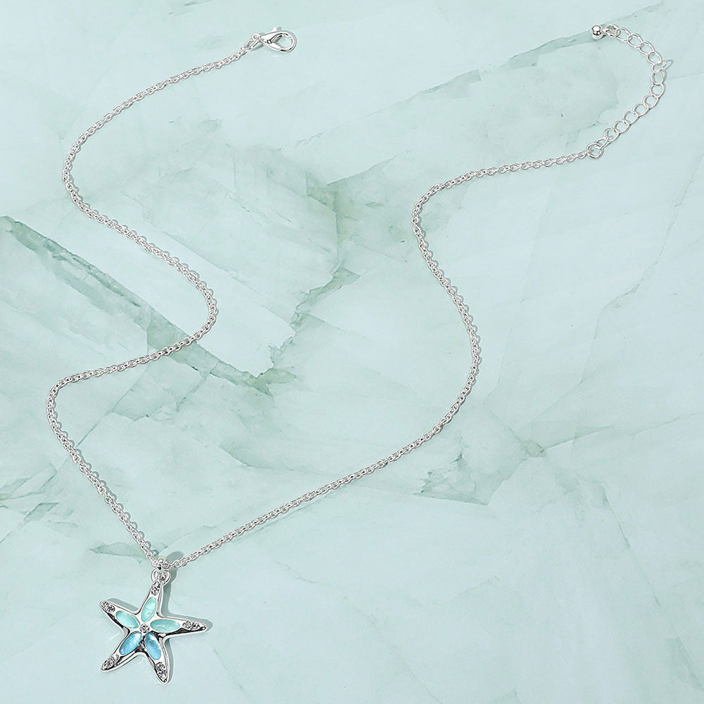 Larimar Blue Starfish Pendant Necklace – Crystal Rhinestone Silver-Tone Chain (18" + 2.5" Extender)