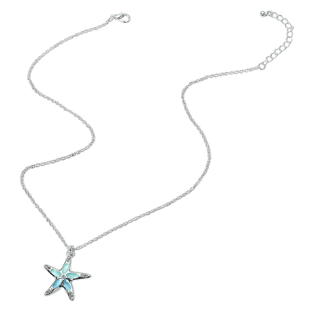 Larimar Blue Starfish Pendant Necklace – Crystal Rhinestone Silver-Tone Chain (18" + 2.5" Extender)