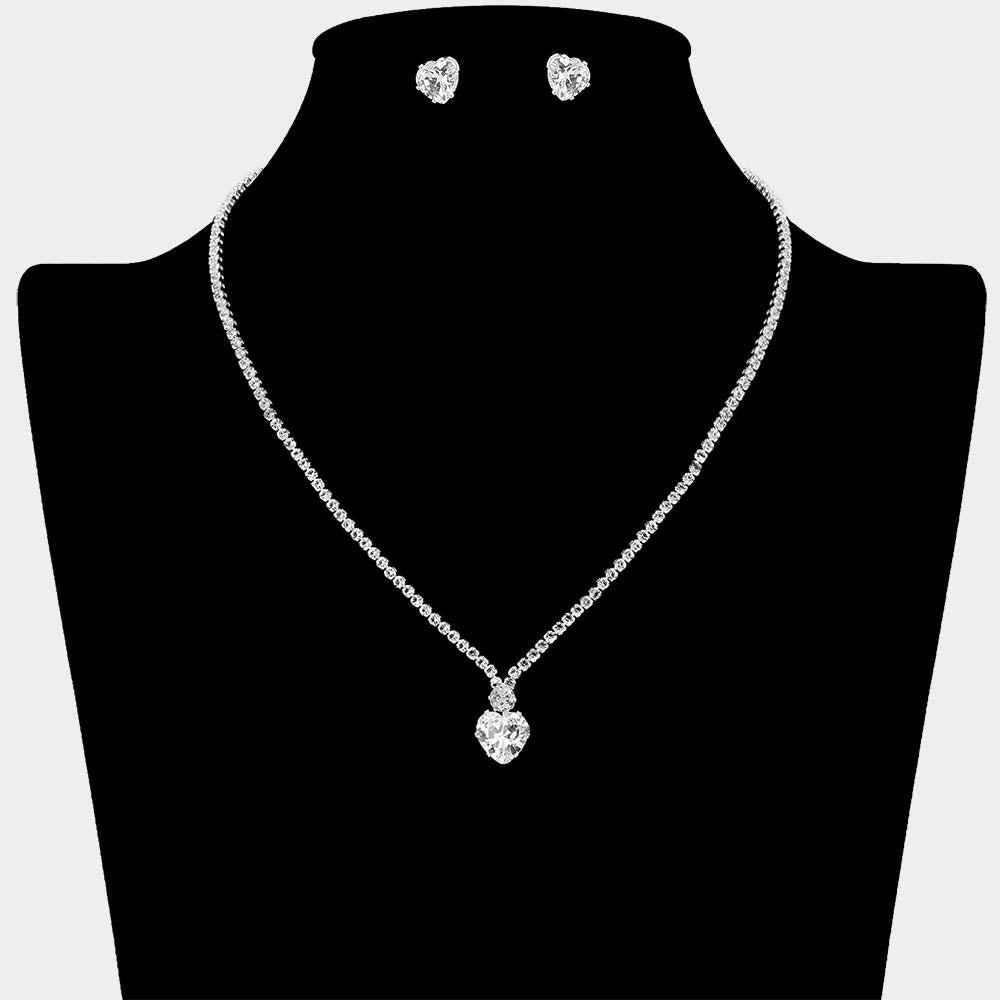 CZ Crystal Heart Pendant Necklace & Stud Earring Set