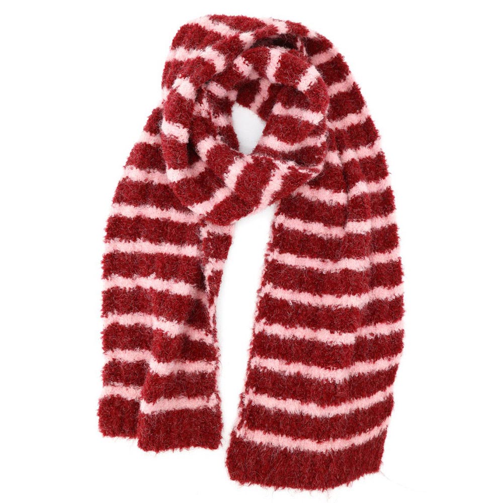 Burgundy & Pink Striped Fuzzy Knit Scarf