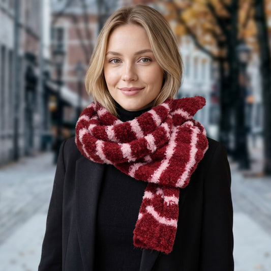 Burgundy & Pink Striped Fuzzy Knit Scarf