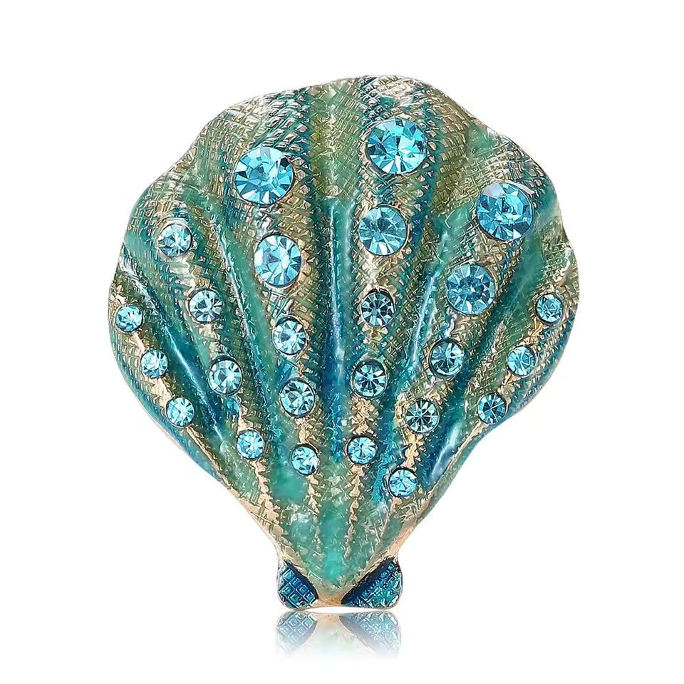 Seashell Brooch Pin Blue Enamel Crystal Statement Accessory