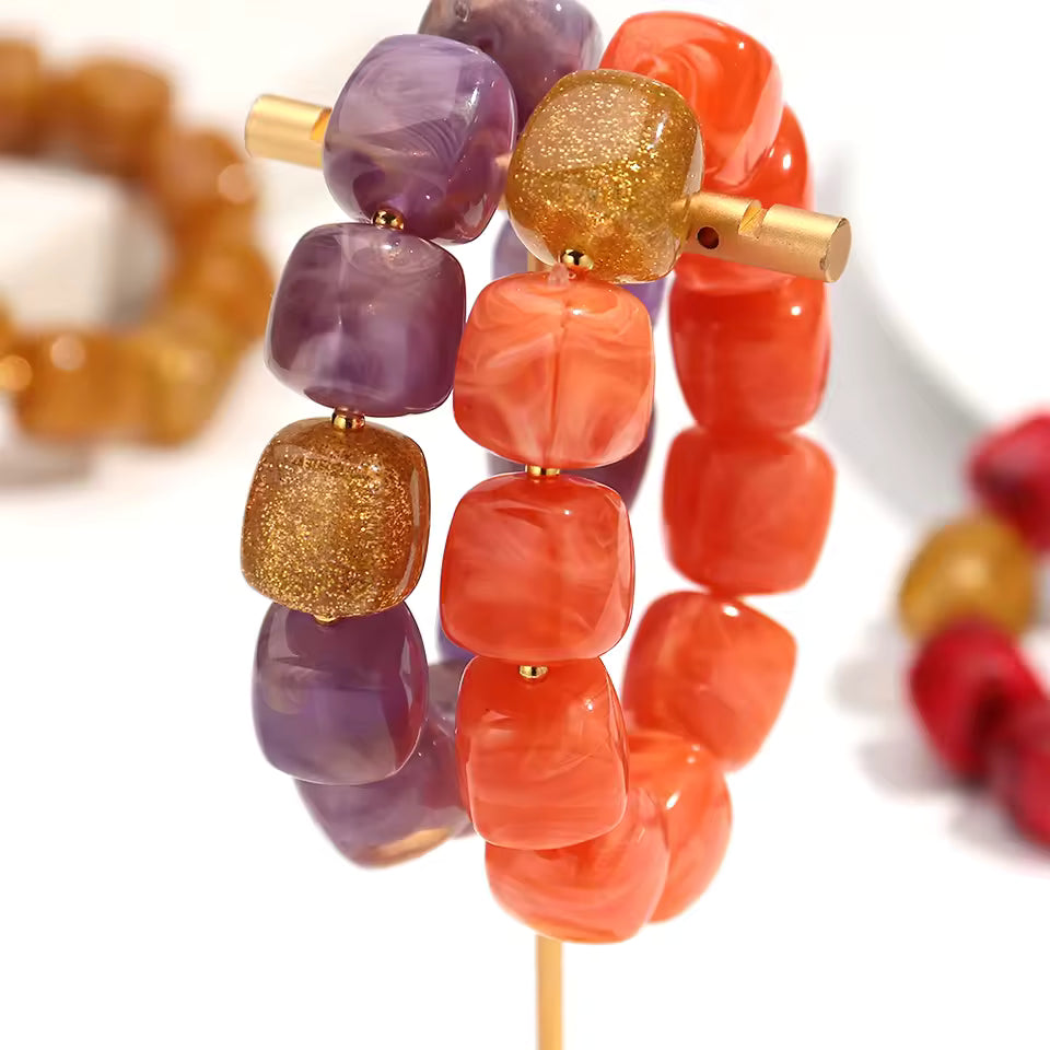 Geometric Square Bead Stretch Bracelet with Sparkling Accent