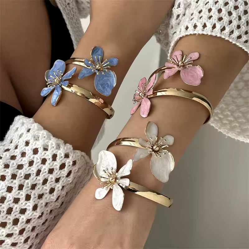 Enamel Flower Cuff Bracelet Gold Tone Floral Statement Jewelry