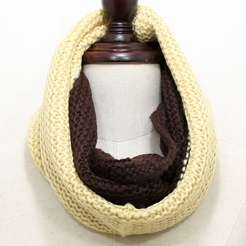 Two-Tone Chunky Knit Infinity Scarf | Brown & Cream Colorblock Loop Scarf