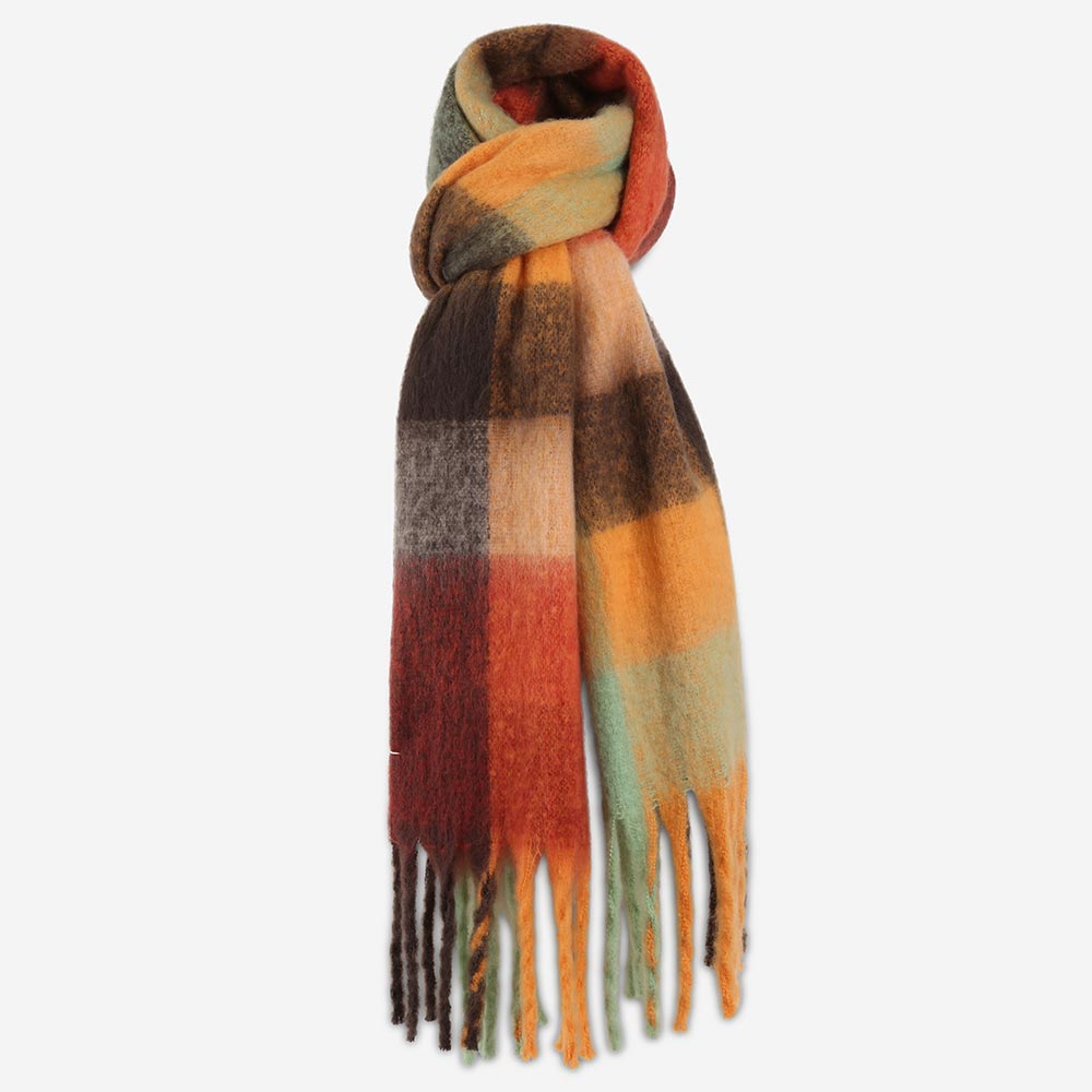 Multicolor Plaid Fringe Scarf – Autumn Color Block Wrap for Women