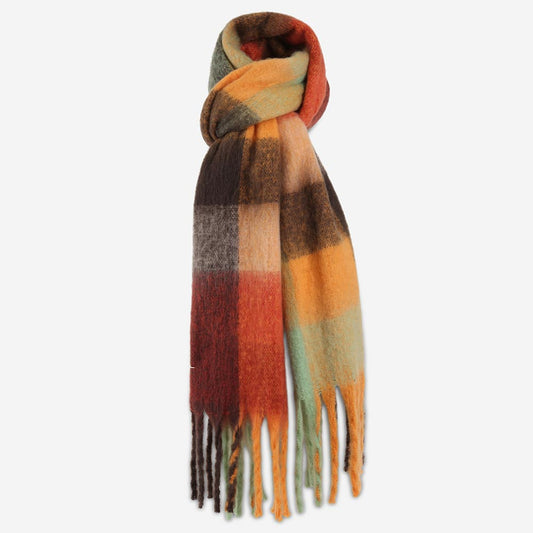 Multicolor Plaid Fringe Scarf – Autumn Color Block Wrap for Women