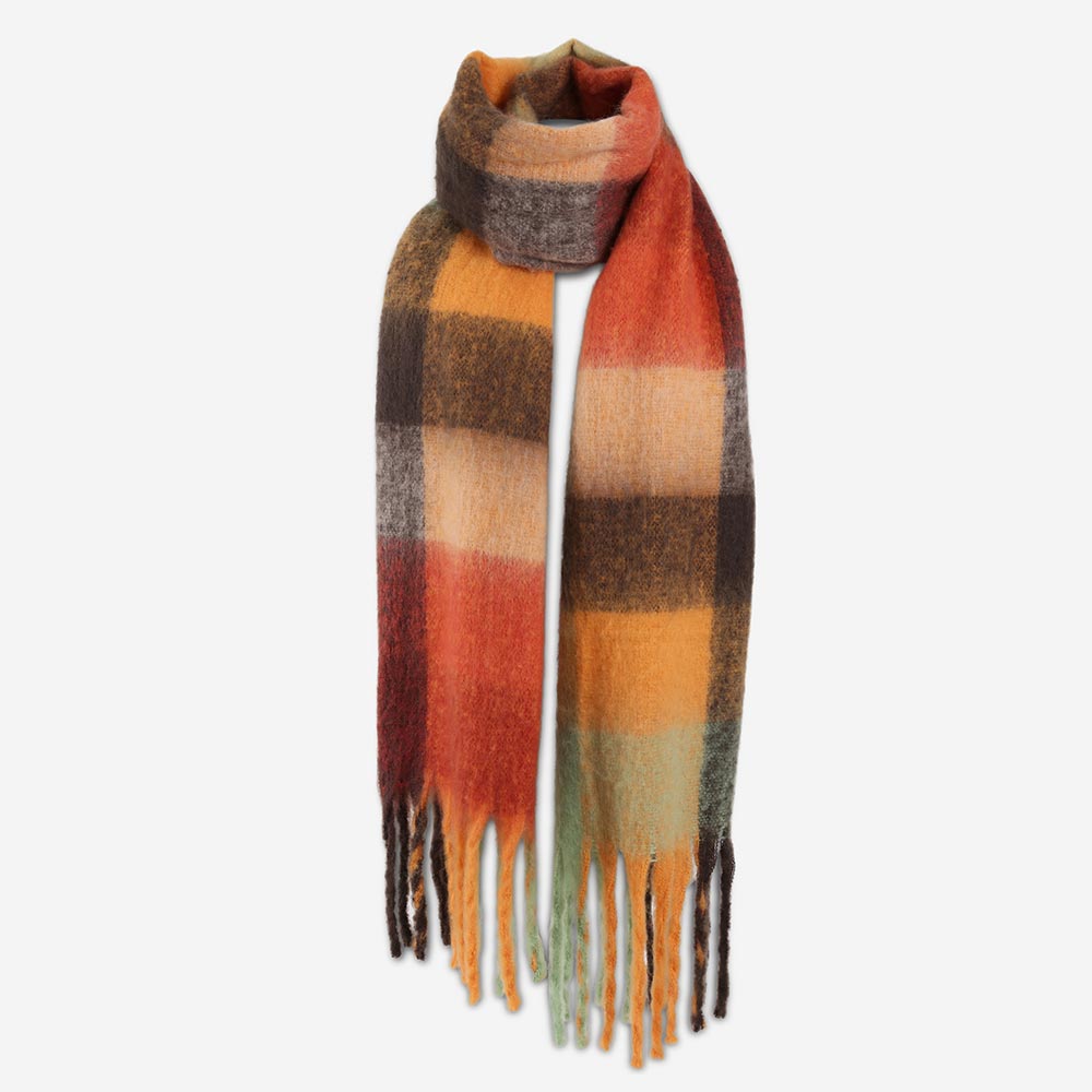 Multicolor Plaid Fringe Scarf – Autumn Color Block Wrap for Women