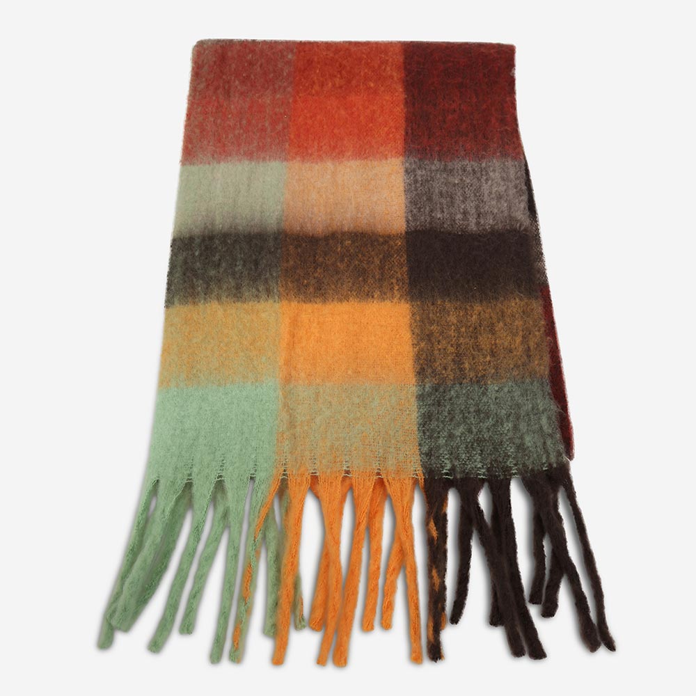 Multicolor Plaid Fringe Scarf – Autumn Color Block Wrap for Women