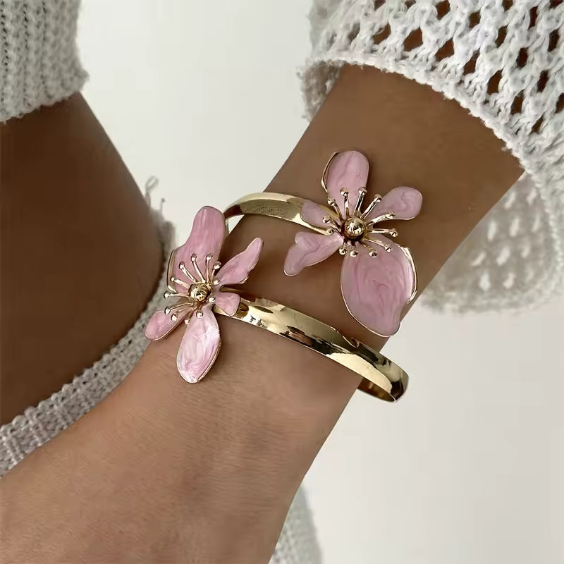 Enamel Flower Cuff Bracelet Gold Tone Floral Statement Jewelry