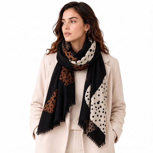 Abstract Dot Print Colorblock Scarf - model wearing