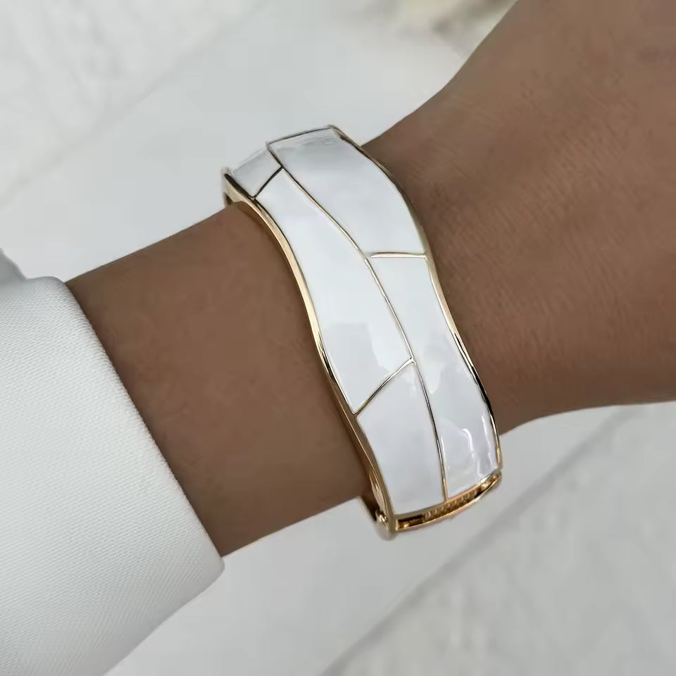 Cream Enamel Gold Tone Bangle Minimalist Stackable Bracelet
