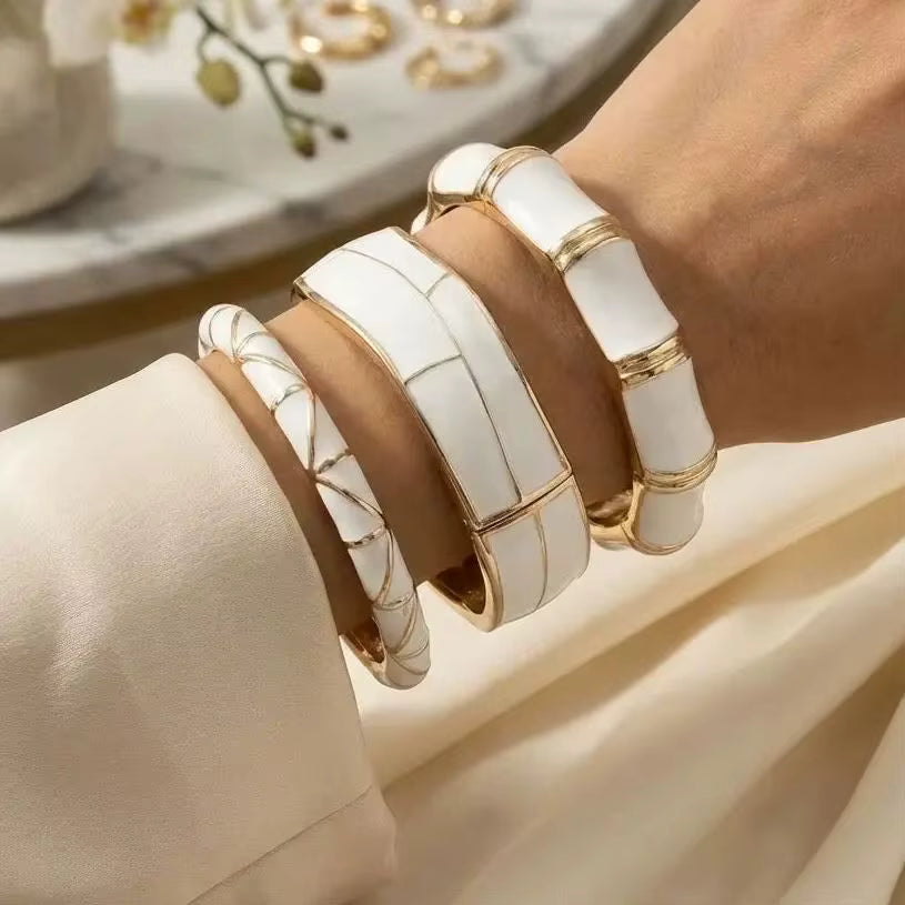 Cream Enamel Gold Tone Bangle Minimalist Stackable Bracelet
