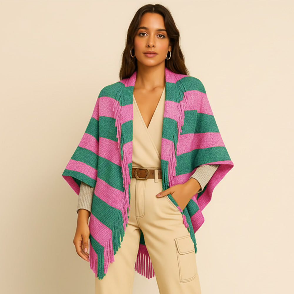 Pink and Green Striped Fringed Ruana Wrap