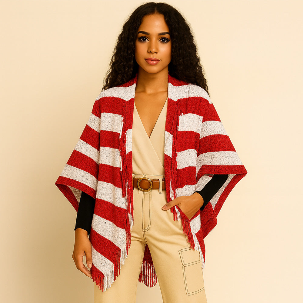 Red and White Striped Fringed Ruana Wrap