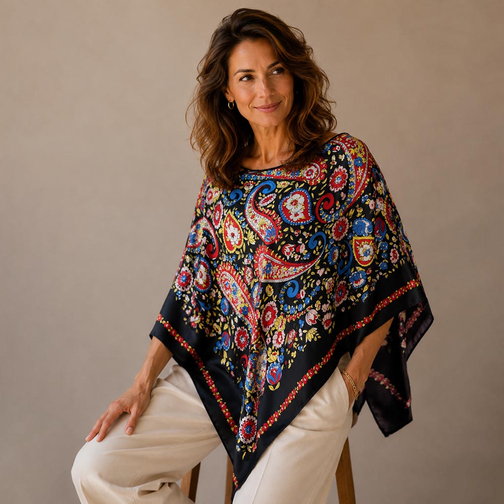 Black paisley floral silky scarf wrap lifestyle shot
