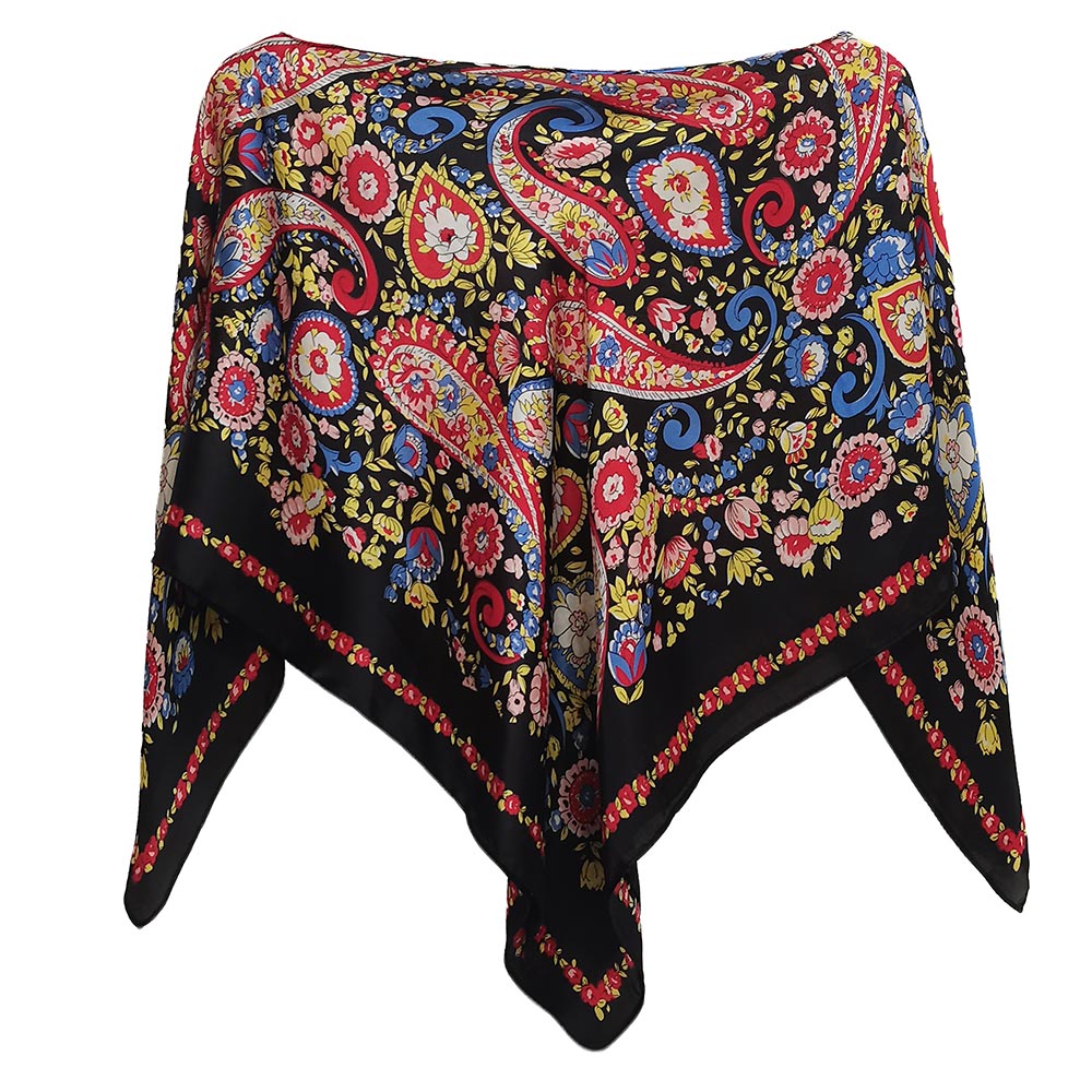 Black paisley floral silky scarf wrap styled as a poncho