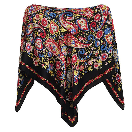 Black paisley floral silky scarf wrap styled as a poncho