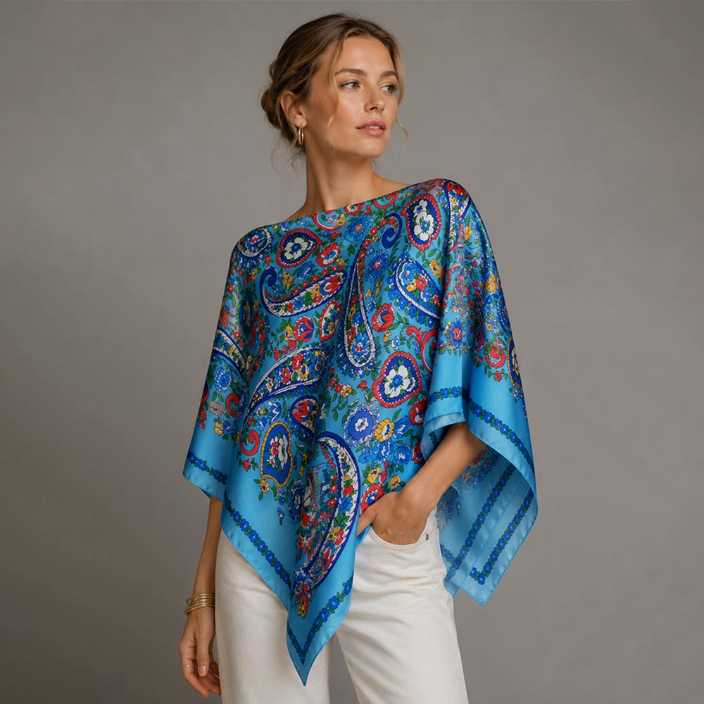 Blue Paisley Floral Silky Scarf Wrap | Lightweight Boho Neck Scarf for Women