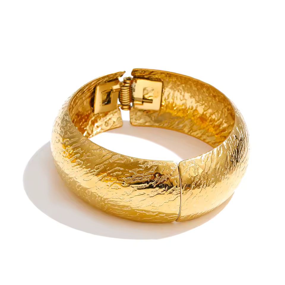 Textured Gold Tone Hinged Bangle Bracelet Minimalist Boho Stackable Jewelry