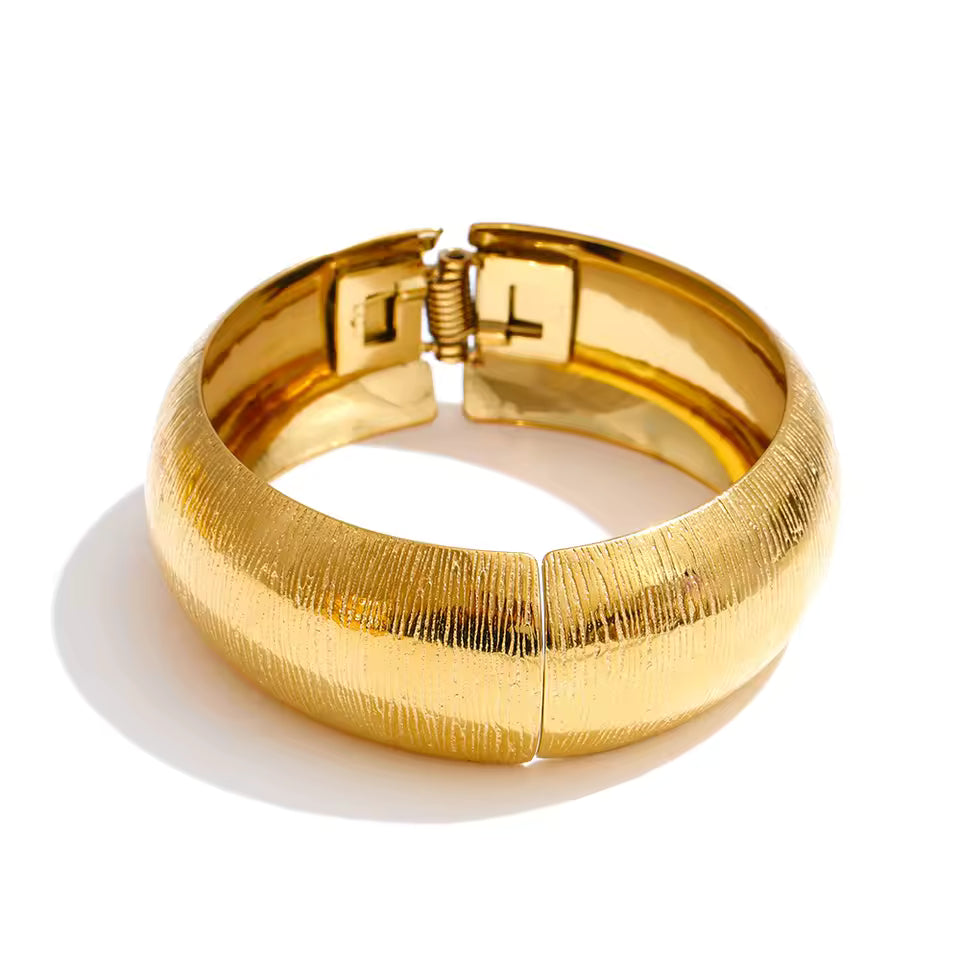 Textured Gold Tone Hinged Bangle Bracelet Minimalist Boho Stackable Jewelry