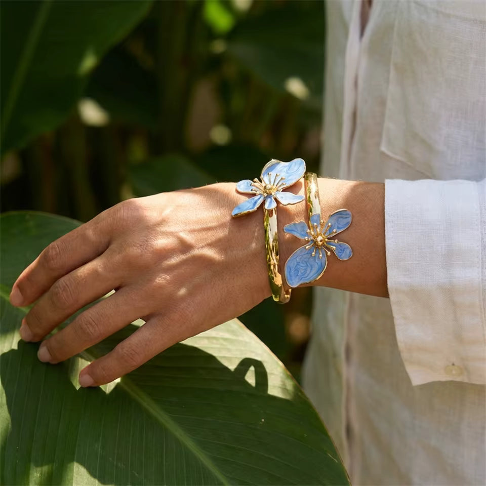Enamel Flower Cuff Bracelet Gold Tone Floral Statement Jewelry