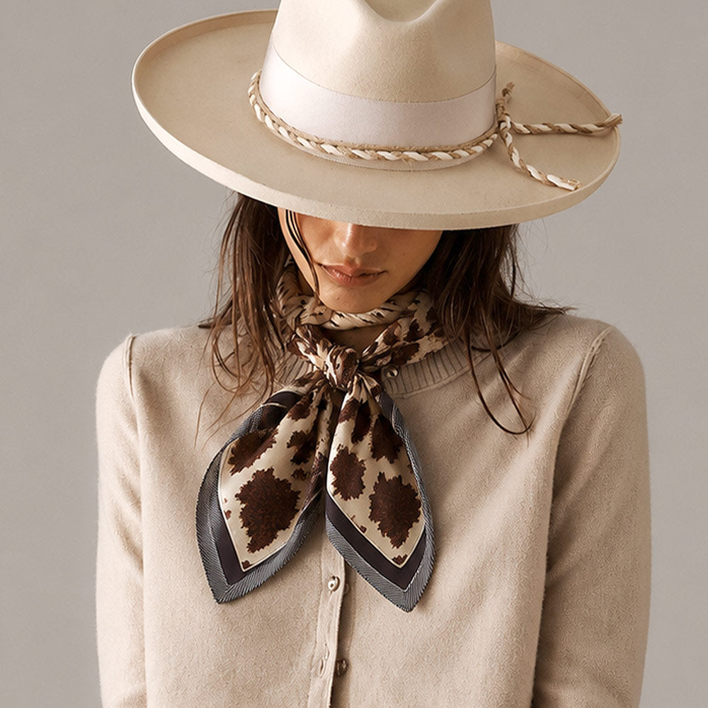 Brown Cow Print Square Scarf | Satin-Feel Bandana Neck & Hair Scarf for Women
