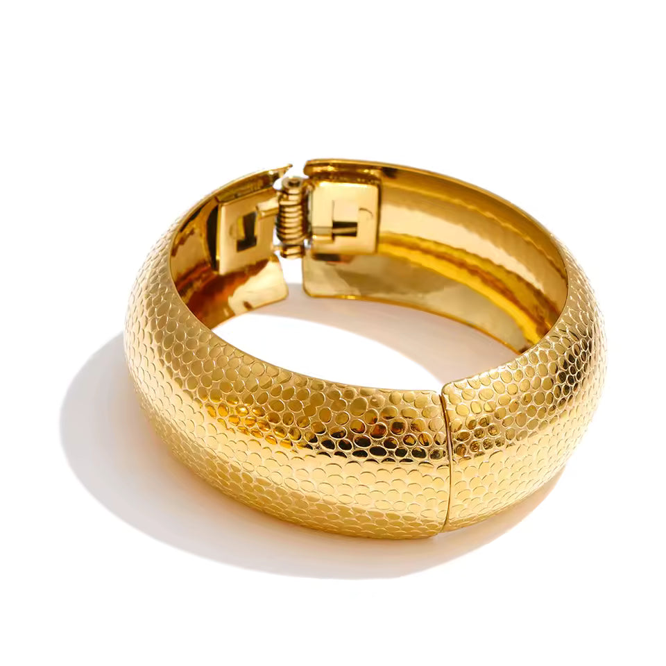 Textured Gold Tone Hinged Bangle Bracelet Minimalist Boho Stackable Jewelry