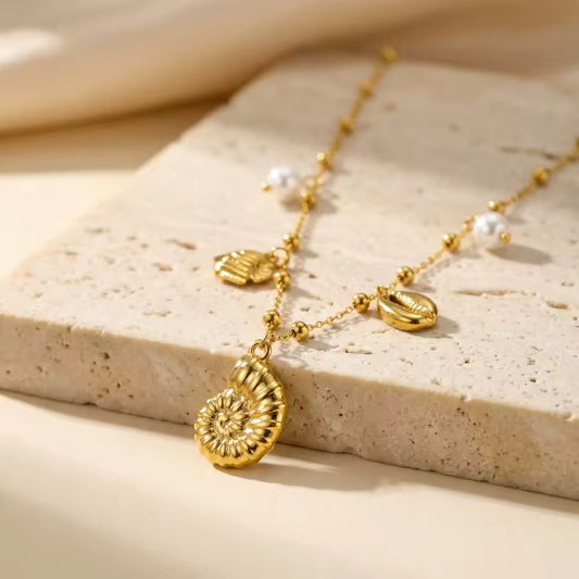 Gold-Plated Nautical Charm Necklace with Freshwater Pearl