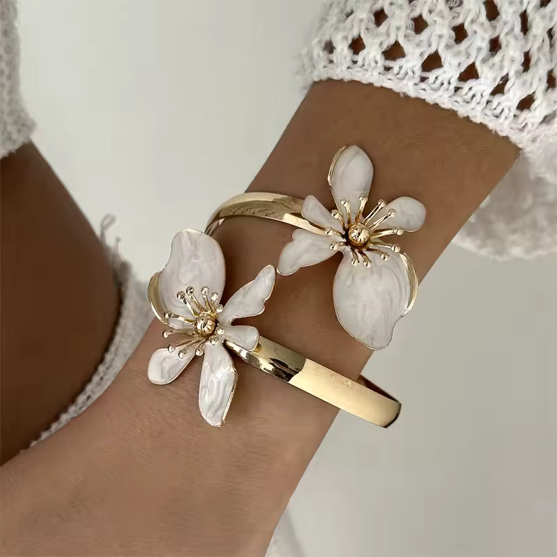 Enamel Flower Cuff Bracelet Gold Tone Floral Statement Jewelry